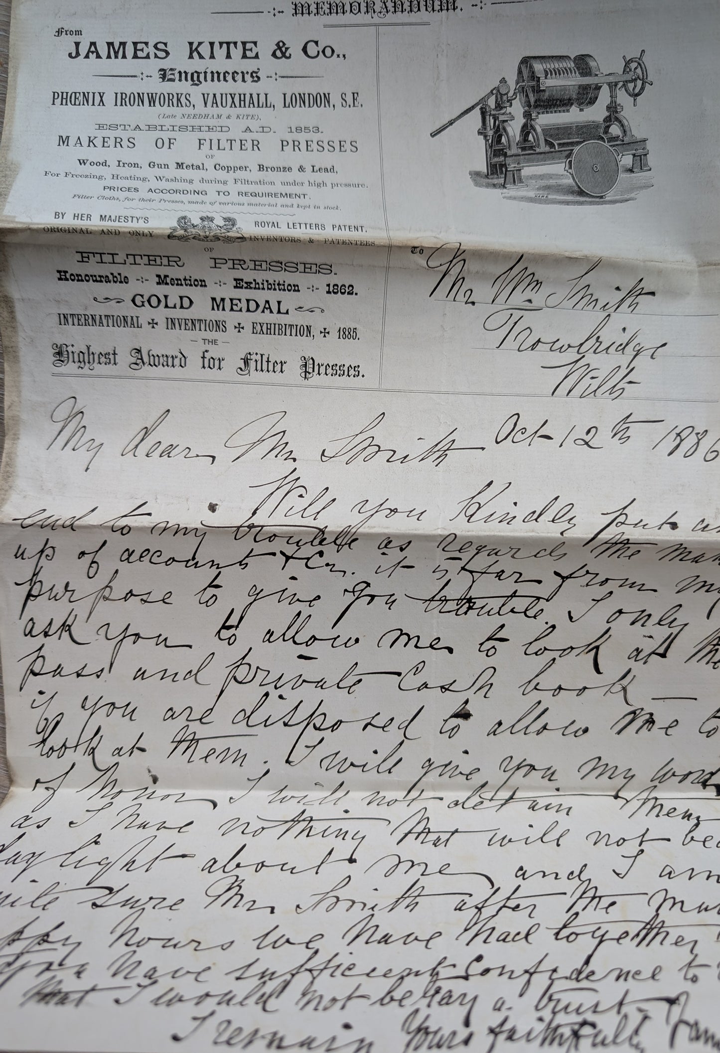 Victorian Cheque book & ephemera James Kite Engineers Co, Gold Medal 1862 international Exhibition, Award for filter presses