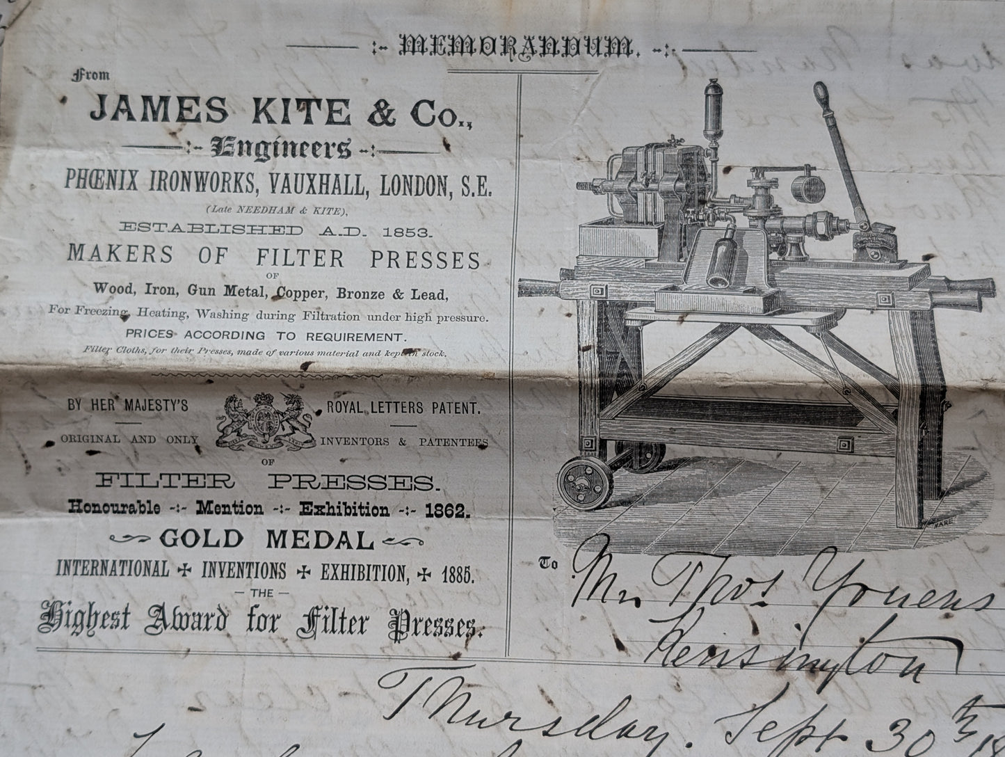 Victorian Cheque book & ephemera James Kite Engineers Co, Gold Medal 1862 international Exhibition, Award for filter presses