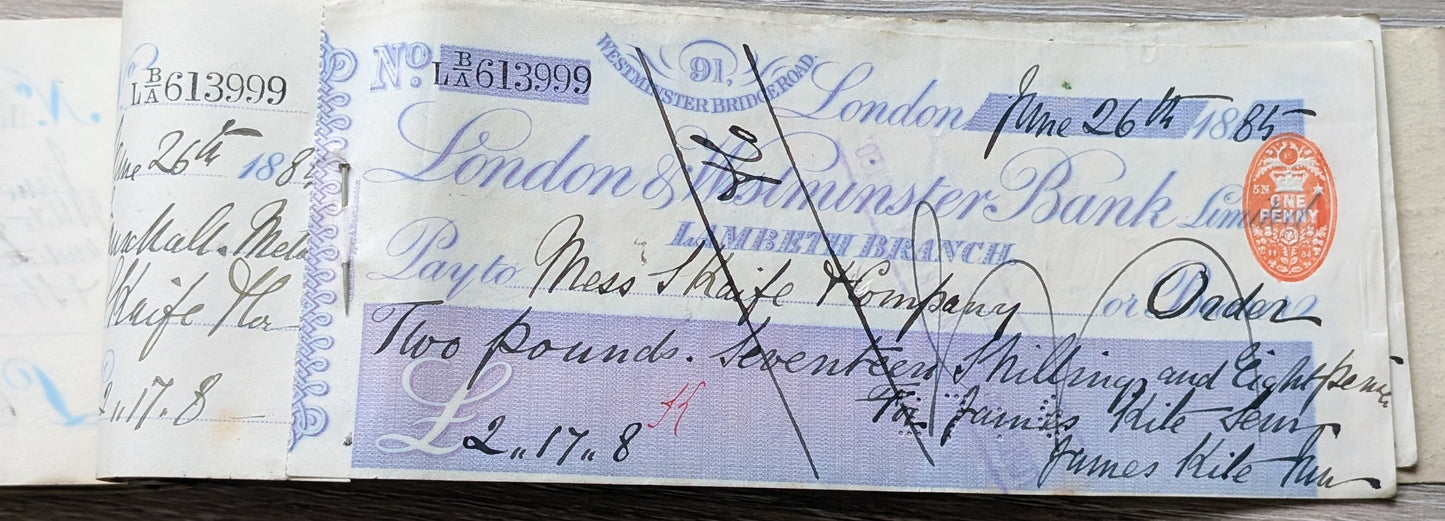 Victorian Cheque book & ephemera James Kite Engineers Co, Gold Medal 1862 international Exhibition, Award for filter presses