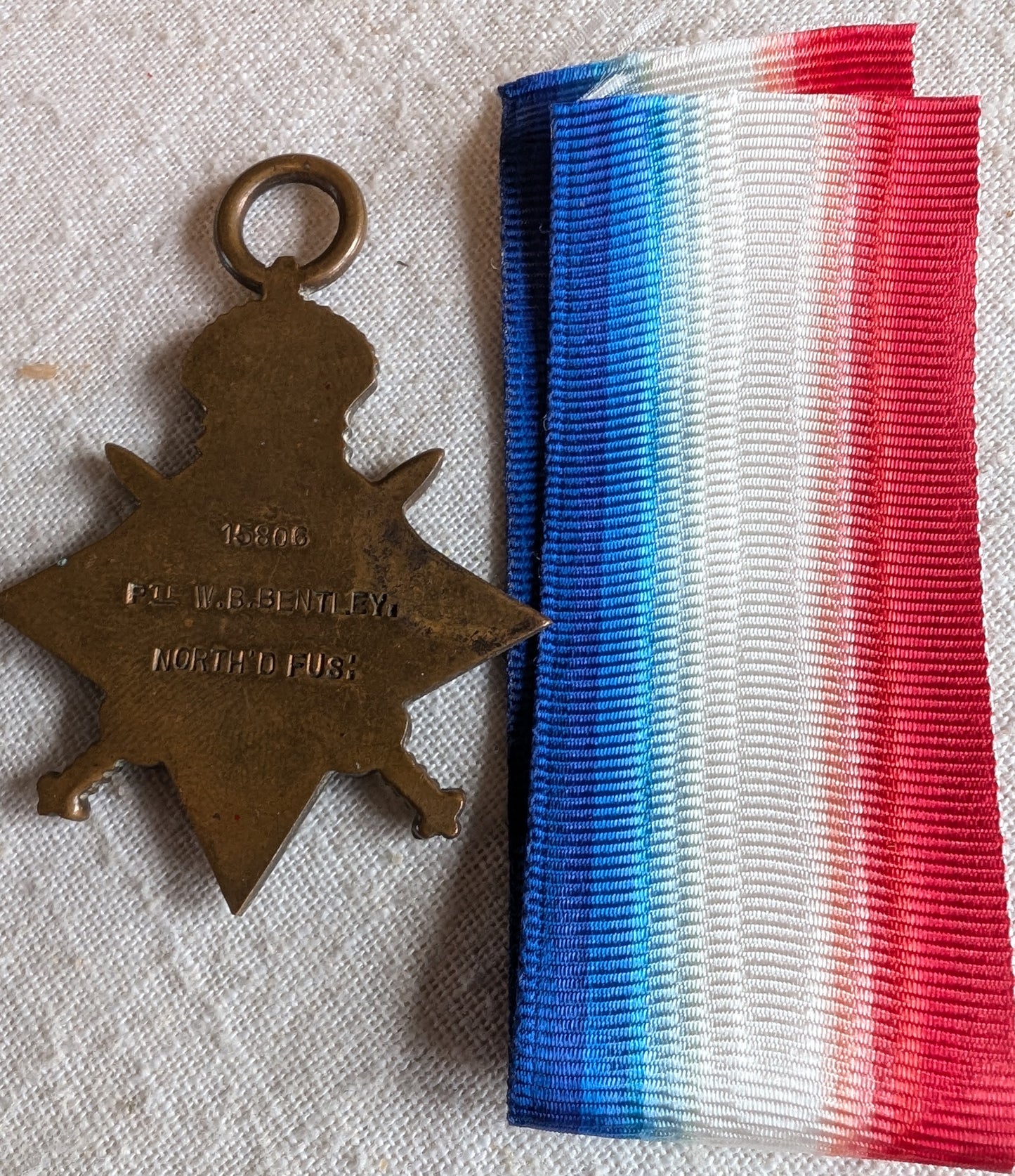 WW1-Star. Medal pte William B Bentley Northumberland fusiliers