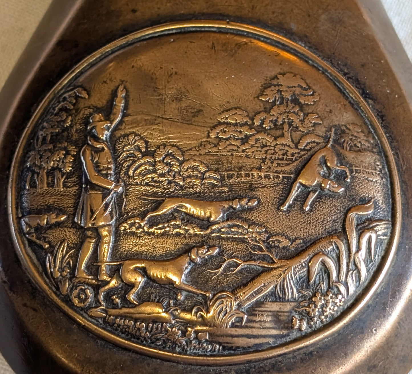 Antique powder flask with embossed hunting scene James Dixon & son Sheffield