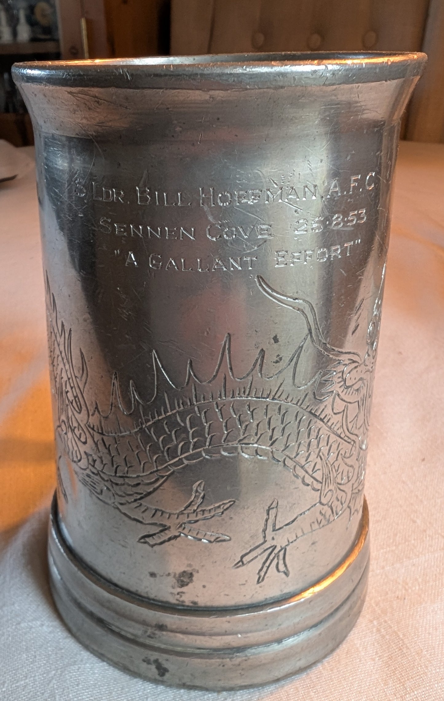 Pewter tankard with Oriental Dragon design made by Kut Hing, inscription SLdr William Frederick (Bill) Hoffmann RAF A Gallant Effort