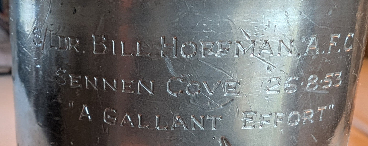 Pewter tankard with Oriental Dragon design made by Kut Hing, inscription SLdr William Frederick (Bill) Hoffmann RAF A Gallant Effort