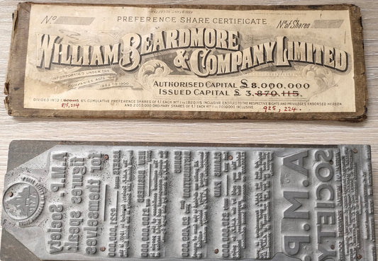 Antique copper share certificate plate-William Beardmore & company limited. A.M.P Society printing block