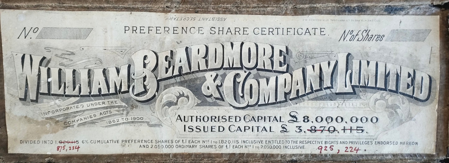 Antique copper share certificate plate-William Beardmore & company limited. A.M.P Society printing block