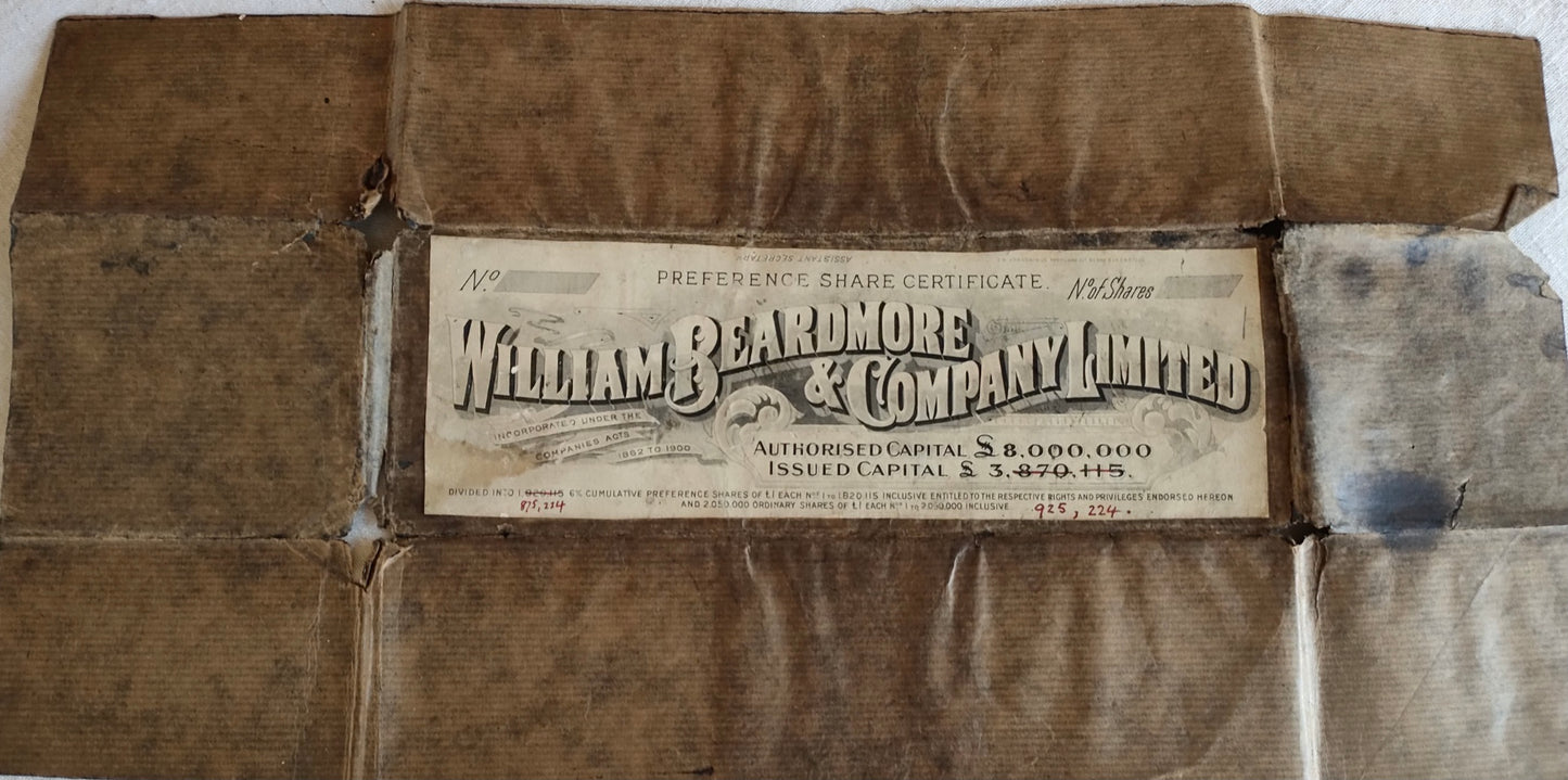 Antique copper share certificate plate-William Beardmore & company limited. A.M.P Society printing block