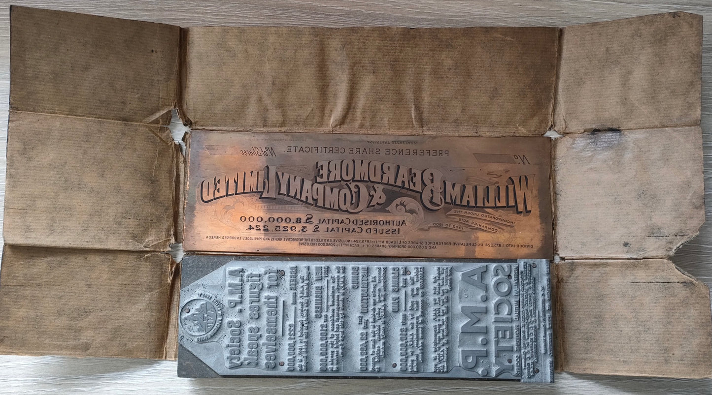 Antique copper share certificate plate-William Beardmore & company limited. A.M.P Society printing block